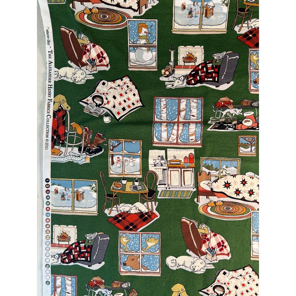 Fabric -RARE Alexander Henry SNOW DAY Whimsical Winter Patchwork on Green 1 Yard